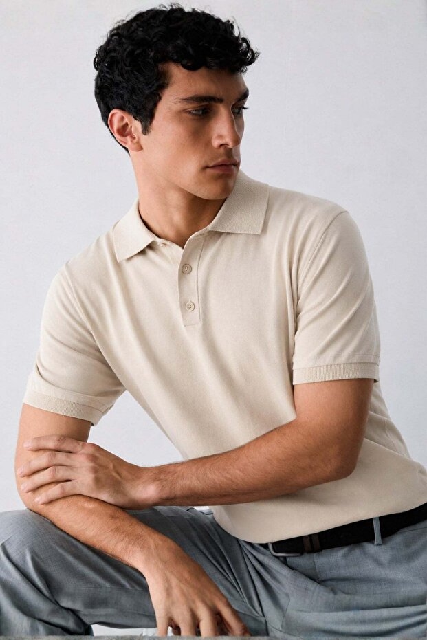 Men's Beige Overfit Short Sleeve Polo Neck T-Shirt 7029