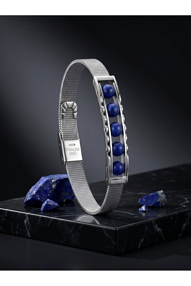Natural Stone and Stainless Steel Men's Adjustable Gift Bracelet 01846