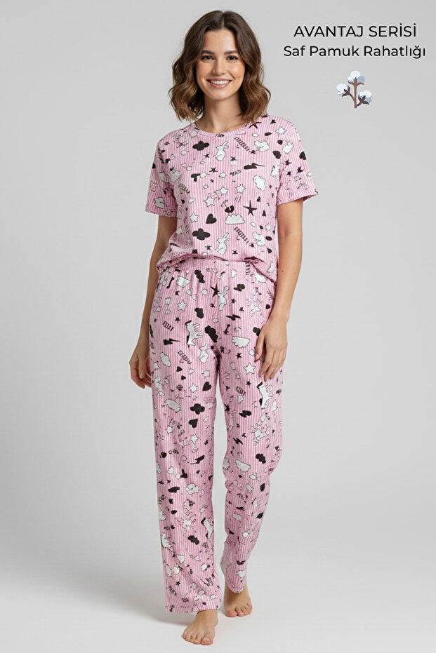 Cotton Short Sleeve T-Shirt Trousers Set Light Pink