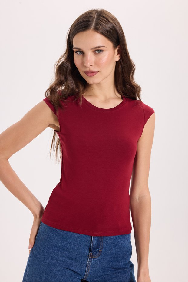 Women's Slim Fit Cotton Lycra Crew Neck Ay Kol Burgundy T-Shirt