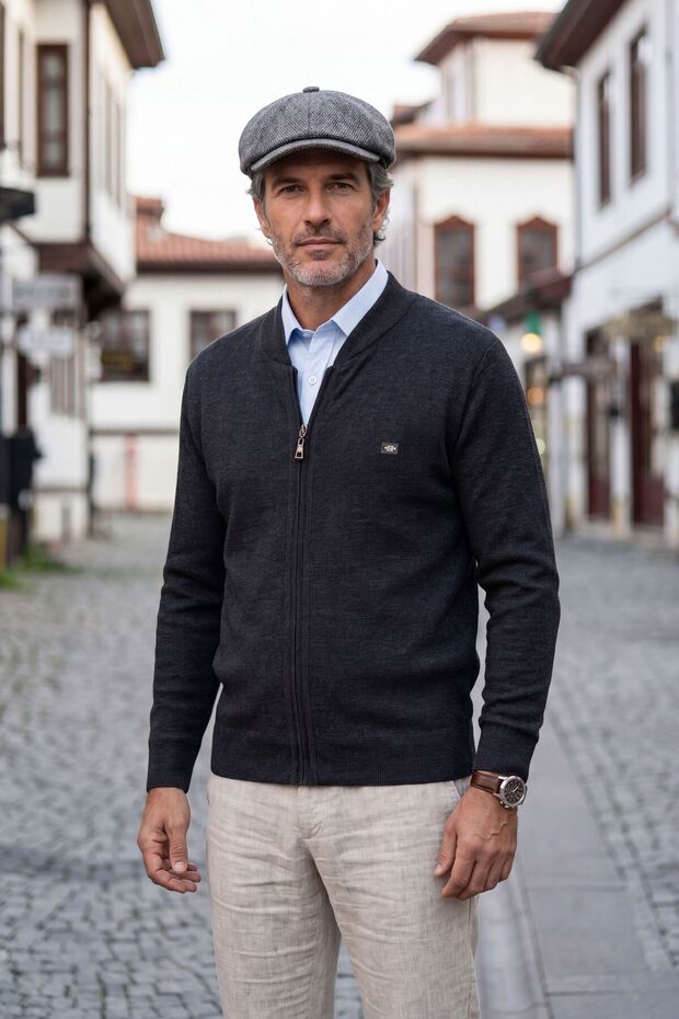 Men's Polo Collar Lined Knitwear Dark Gray Coat Zippered Patterned Steel Knit