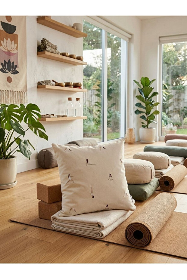 Yoga Patterned Embroidered Cotton Cushion Cover - 43*43cm - Embroidered Pillowcase