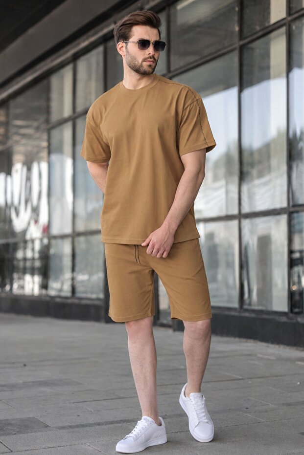 Cappuccino Overfit Printed Men's Shorts T-Shirt Suit E7302