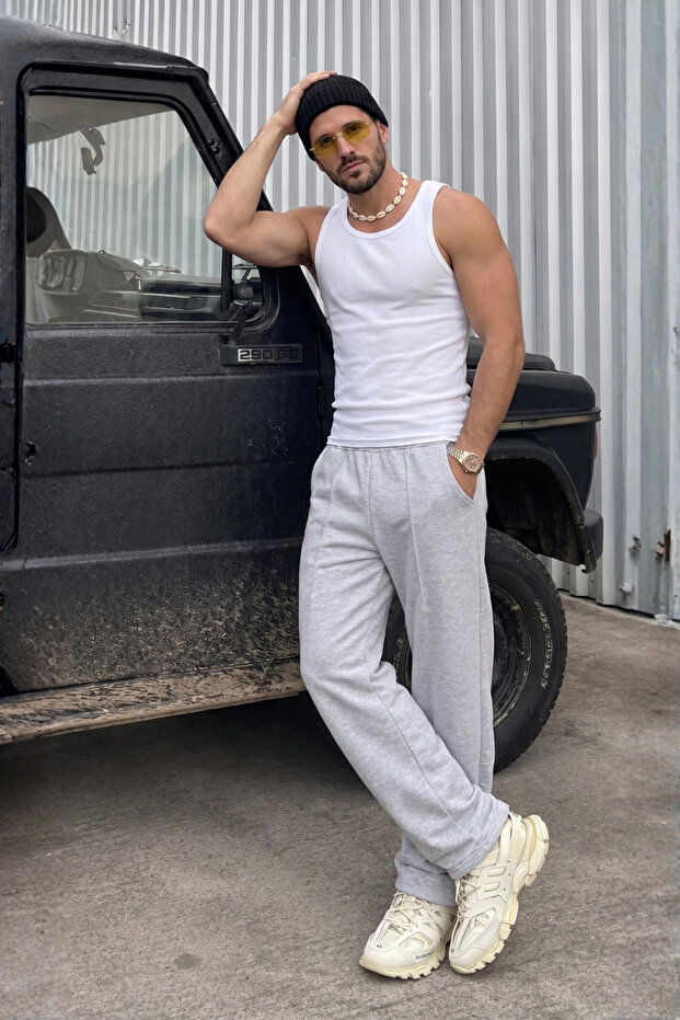 Men's Blank Gray Adjustable Leg Sweatpants Without Pockets
