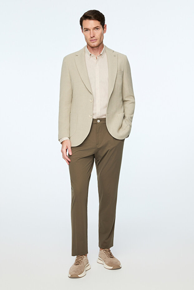 Men's Beige Polyviscon Trend Patterned Slim Fit Jacket - 4