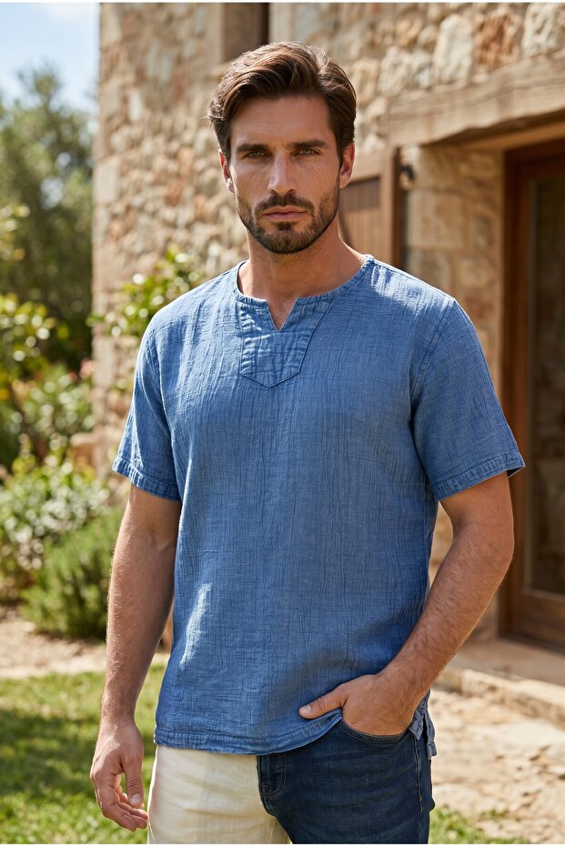 Men's Cotton Sport Collar Indigo Denim Shirt