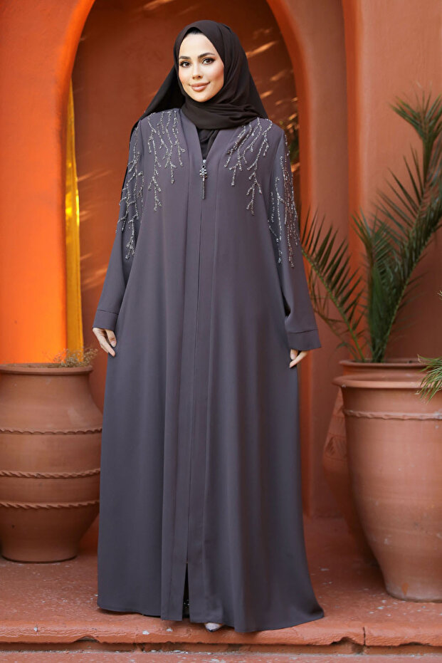 Beaded Brown Hijab Abaya 29110Kh