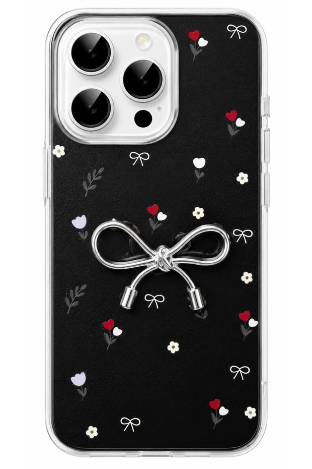 iPhone 16 Pro Case with Marbling Effect, 3D Bow and Floral Pattern, Raised Camera Cover, Black
