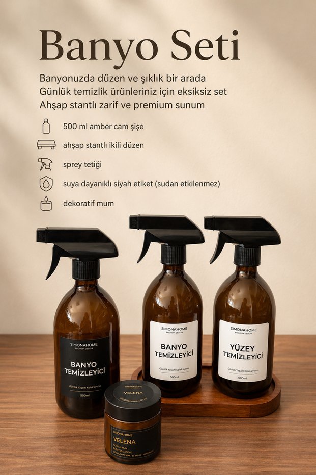 Bathroom Set with Wooden Stand, Black Label Bathroom Cleaner Bottle, Candle Velena Huzur