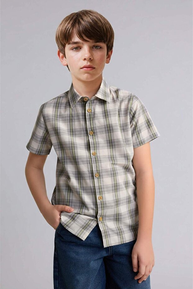 100% Cotton Regular Fit Apaş Collar Striped Short Sleeve Shirt for Boys H3387A826Hs