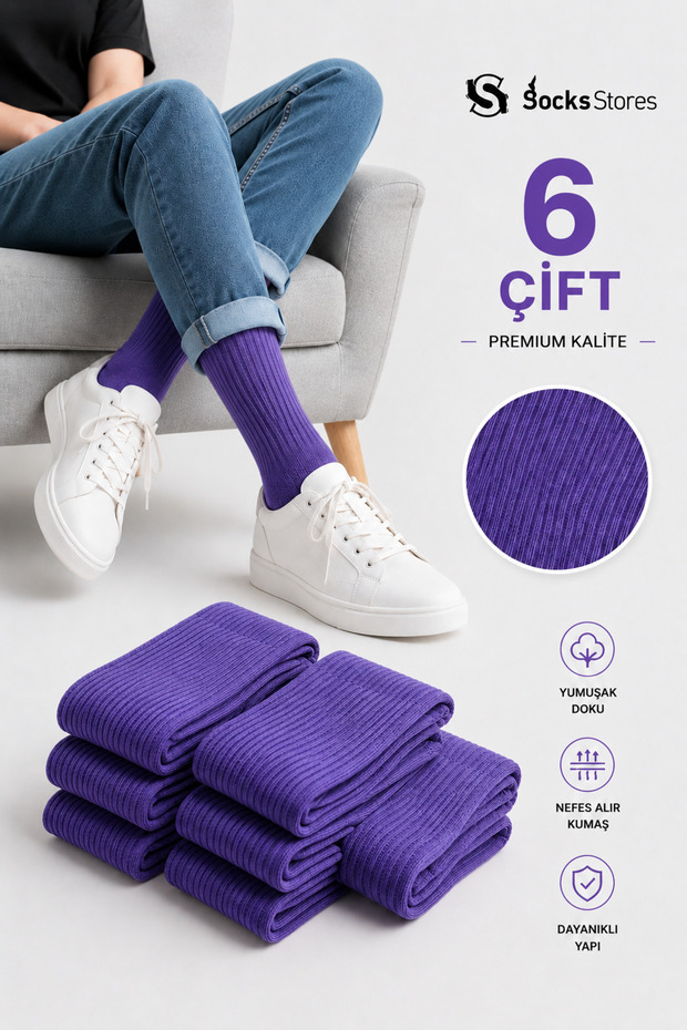6 Pairs of Unisex Purple Colored Cotton Socks - Colorful Tennis Socks