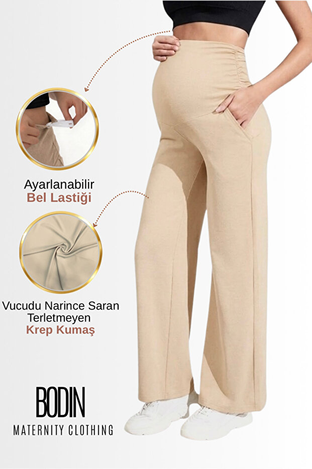 Adjustable High Waist Flexible Maternity and Postpartum Comfortable Cut Pants Beige