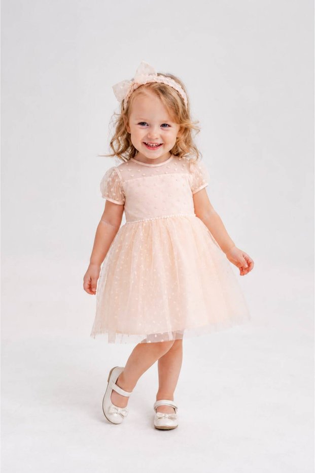 Bandage Heart Patterned Tulle Baby Girl Evening Dress with Bow Detail on the Back