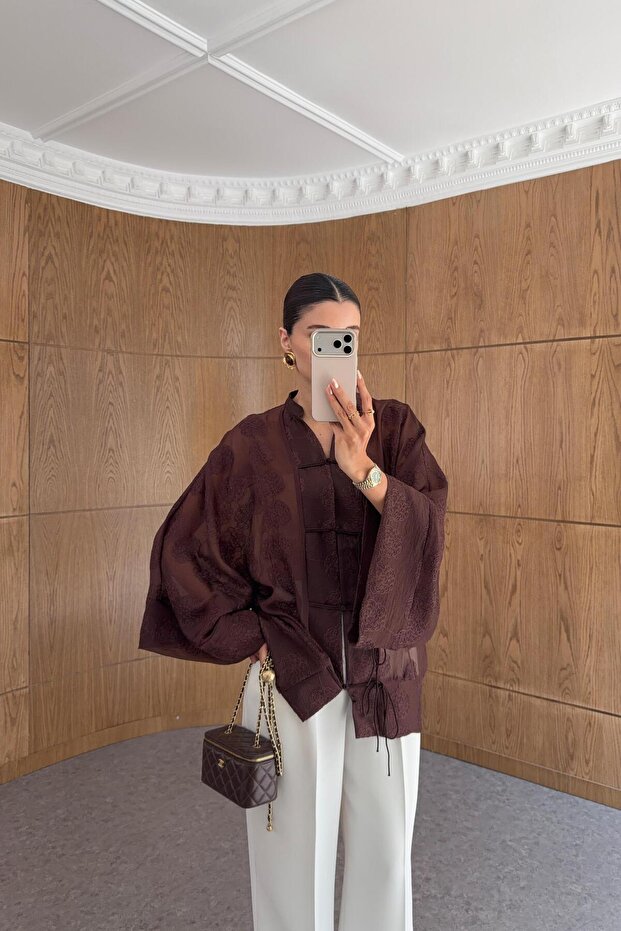 Jacquard Patterned Mandarin Brown Blouse - 2