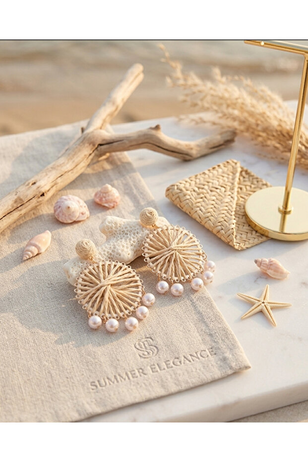 Straw Pearl Detail Round Summer Earrings
