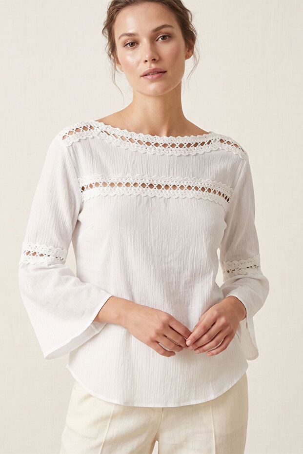 Boat Neck White Cotton Summer Blouse - Hand Embroidered