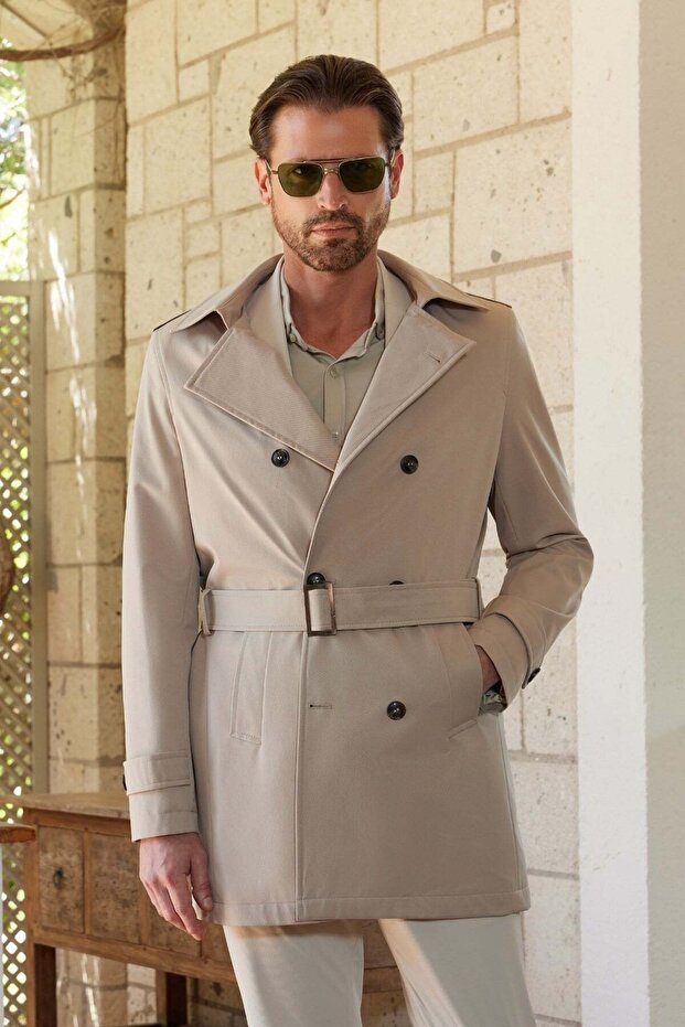 Men's Dark Beige Mono Collar Plain Classic Comfort Fit Overcoat 1006260150