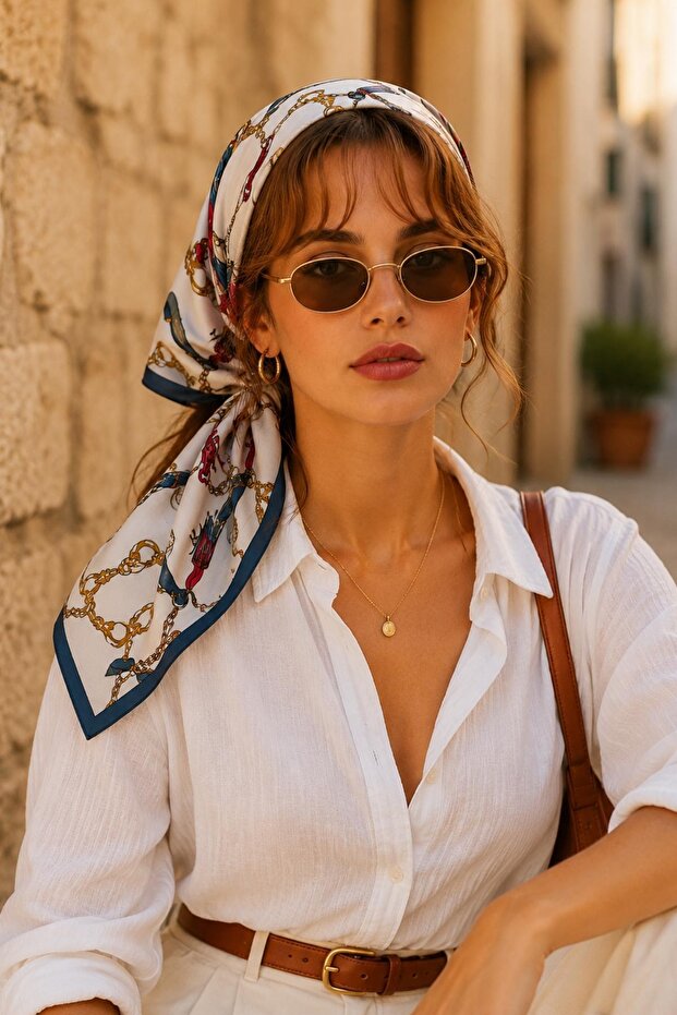 وشاح باندانا ناعم بنمط عصري باللونين الرمادي والأزرق مع مشبك سلسلة 50x50 سم