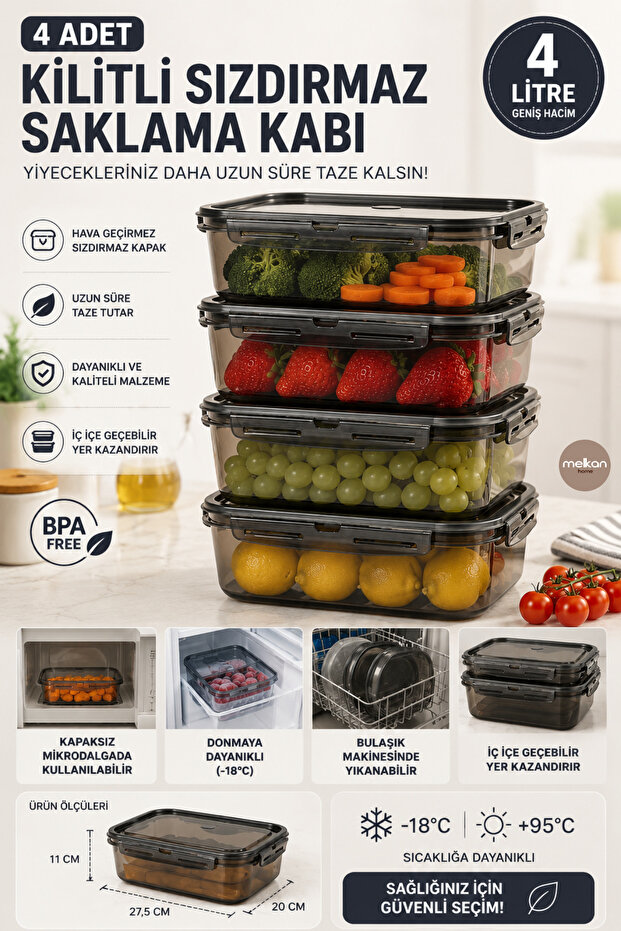 4 Pieces of Lockable Storage Container with Leak-Proof Lid 4 Liter Smoked Storage Container