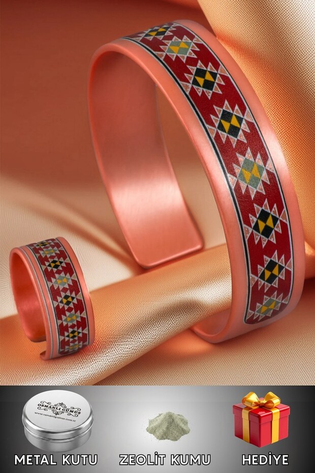 Women's Copper Bracelet Ring Set - Natasha Model Special Edition Metal Box Zeolite Sand