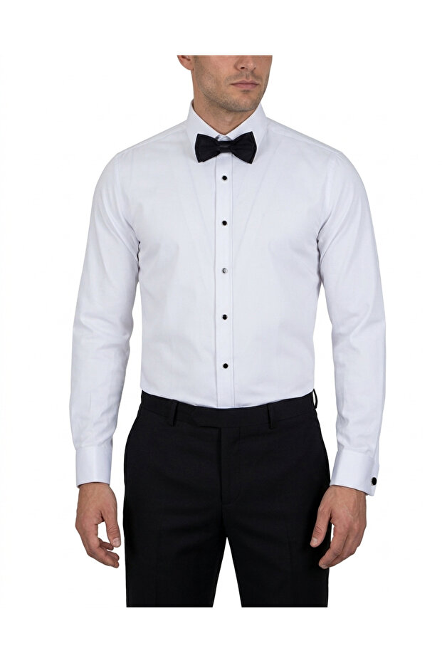 Men's White Classic Collar Tuxedo Shirt - Black Button-Down Set with Bow Tie and Cufflinks