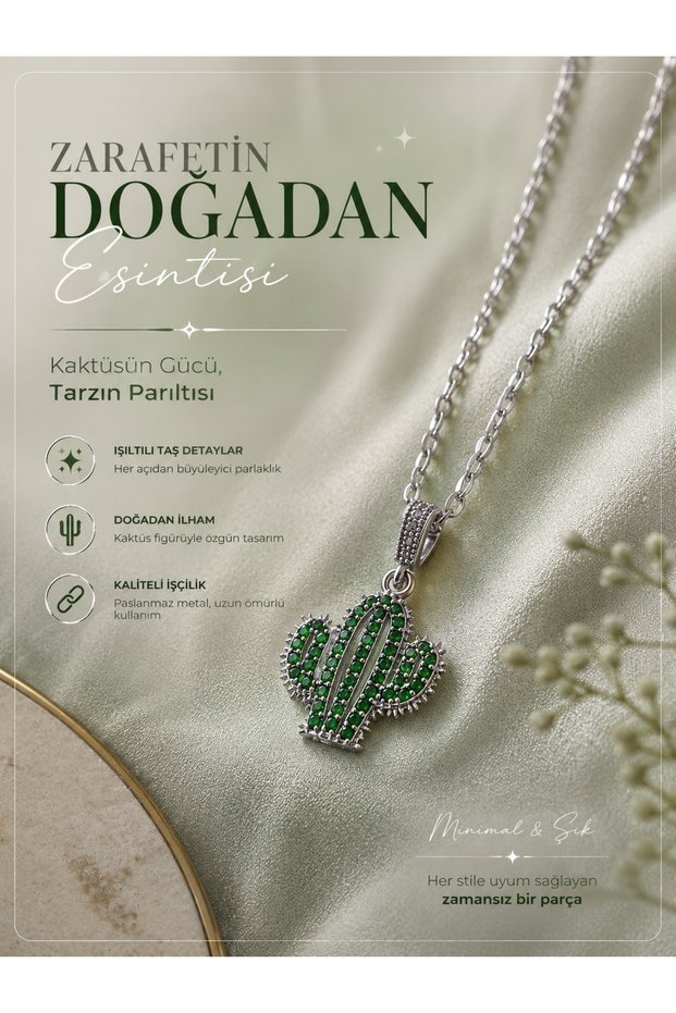Green Colored Cactus Detailed Steel Necklace