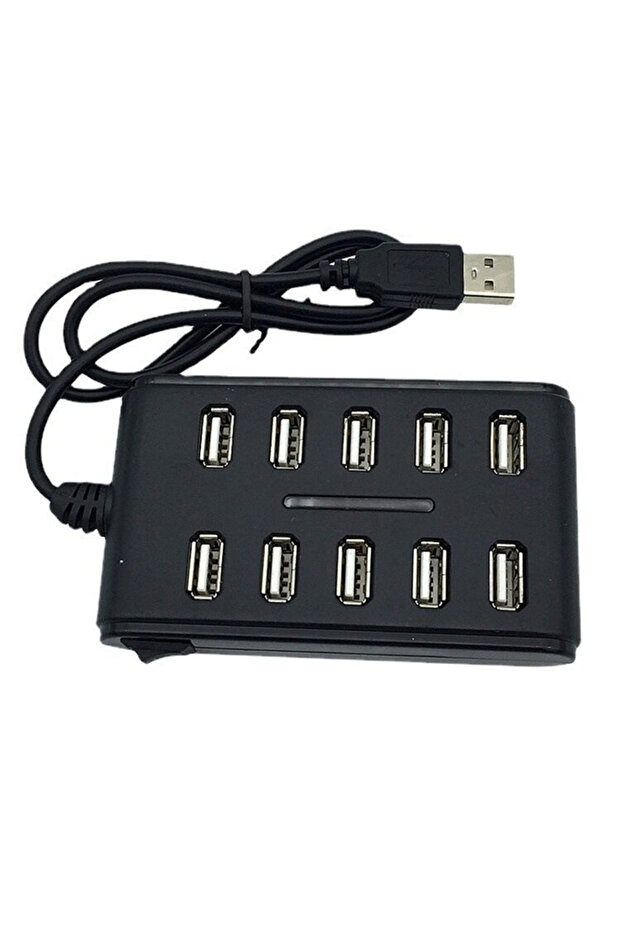 موزع USB 2.0 أسود بـ 10 منافذ مع مفتاح تشغيل/إيقاف لتمديد أقراص USB