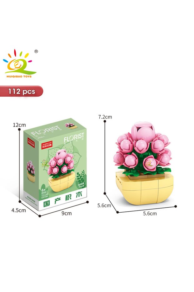 WITH BOX NO.38-7 HUIQIBAO MOC Flower Succulent Potted Model Building Block DIY Eternal Bouquet Home