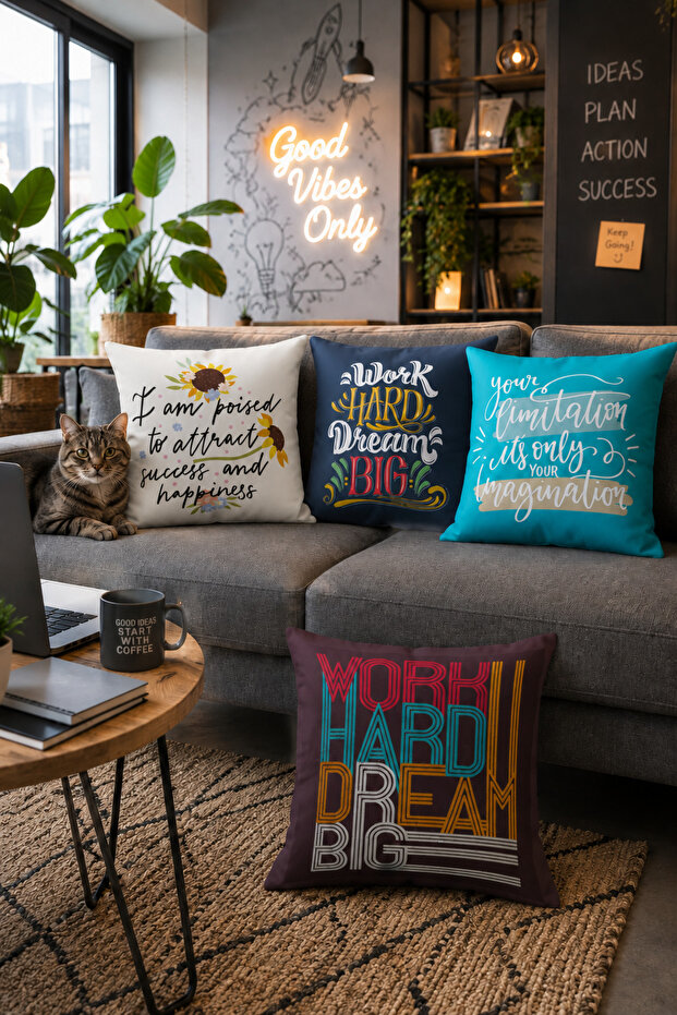 Double Sided Printed Motivation Type Patterned 4-Piece Combination Suede Throw Pillow Cover