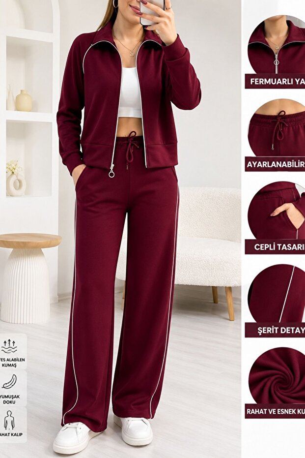 Women's Burgundy Zippered Jacket Pants Tracksuit Set
