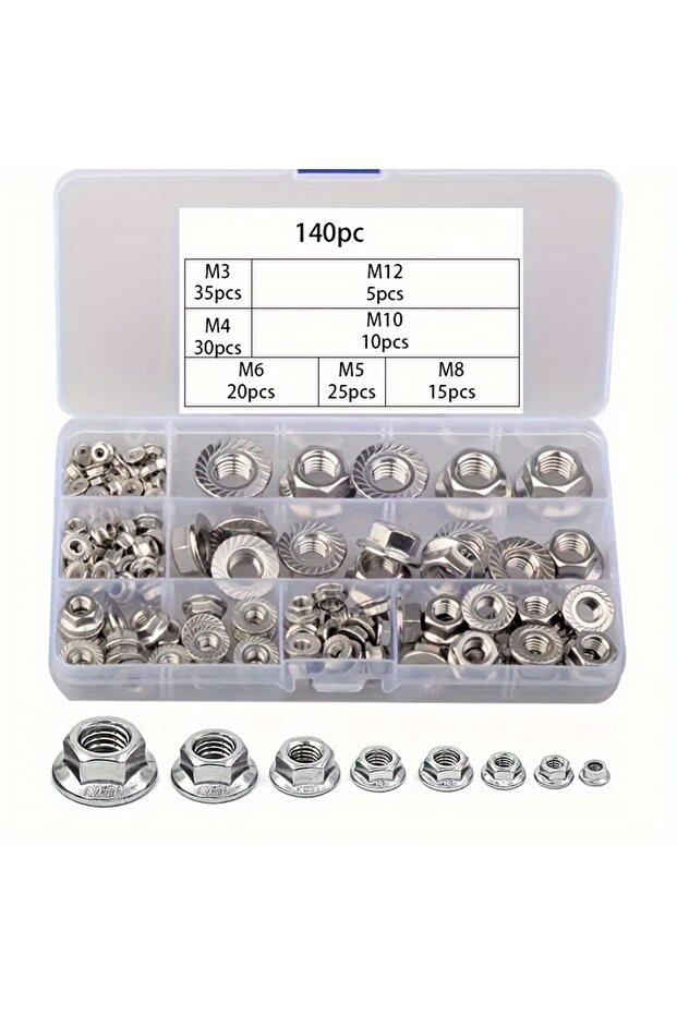 140pcs 140pcs Flange Nut Hexagon Fastening Nut Anti-Slip Tooth Flange Cover M3 M4 M5 M6 M8 M10 M12