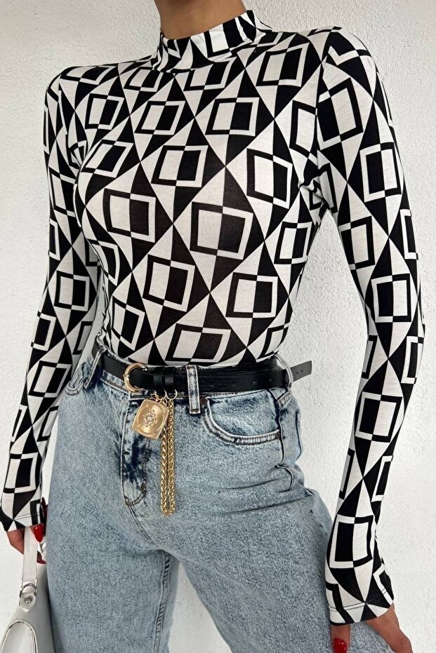 Mixed Pattern Half-Turtleneck Blouse -Overall