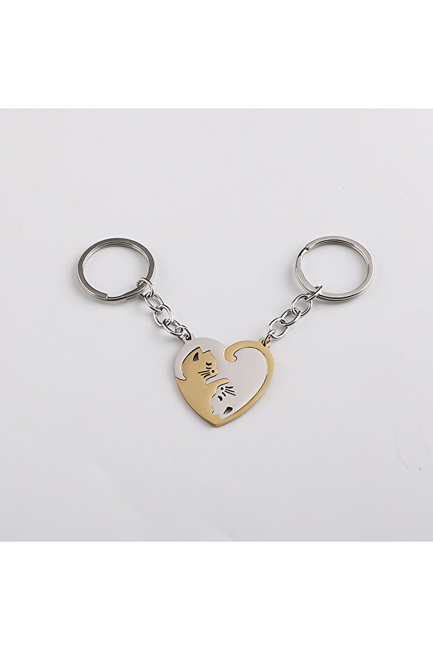 Heart Yellow 2PCS Small Item Portable Stainless Steel Keychain Heart-shaped Splicing Cat Yin and Ya