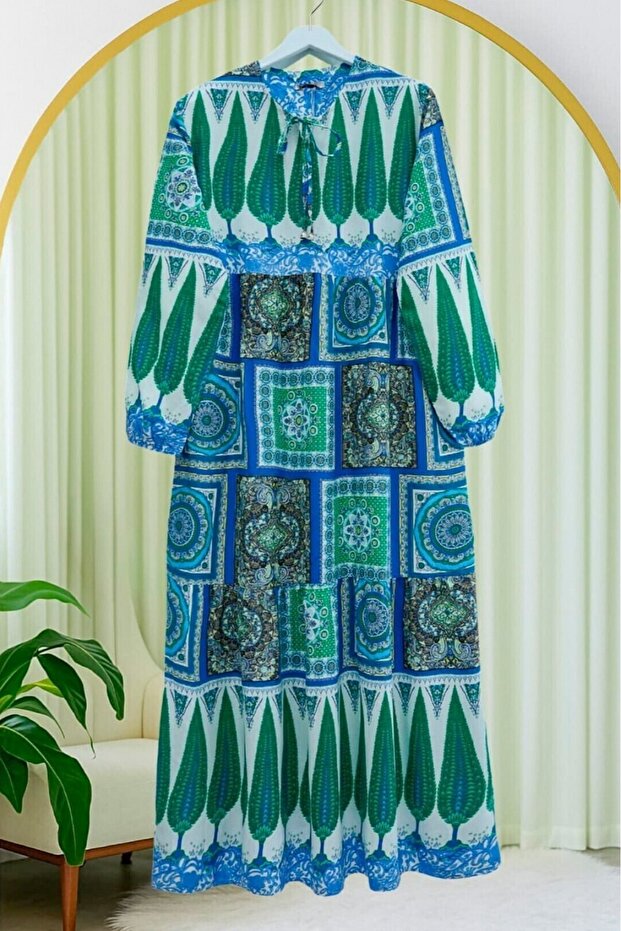 Blue Ethnic Patterned Lace up Dress - Elastic Sleeves