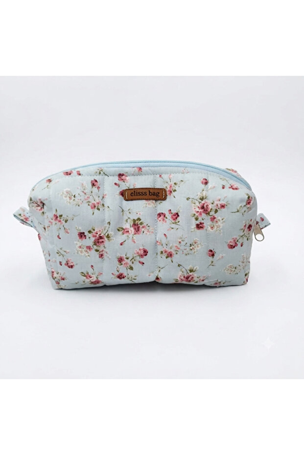 Women's Floral Patterned Makeup Bag Blue Fluffy Bag Organizer, Skincare Bag, 100% Cotton