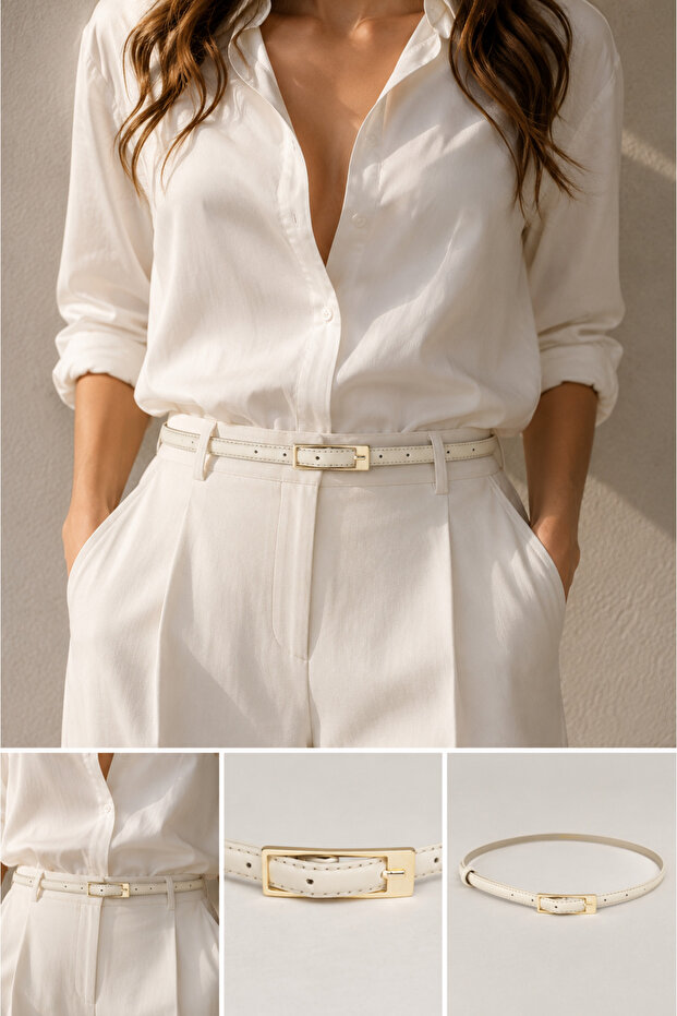 Elegantly Designed Thin 1 cm Women's Belt with Minimal Buckle, Compatible with Trousers, Jackets, Dresses, and Shirts