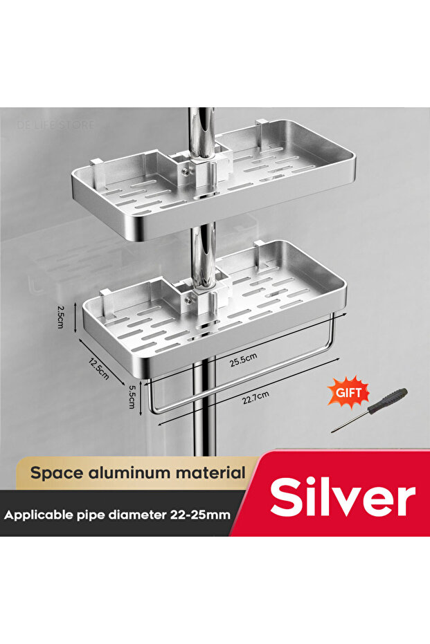 2pcs silver with rod 1/2PCS Shower Rack Punch-Free Bathroom Tray With Towel Bar Hooks Shampoo Holder