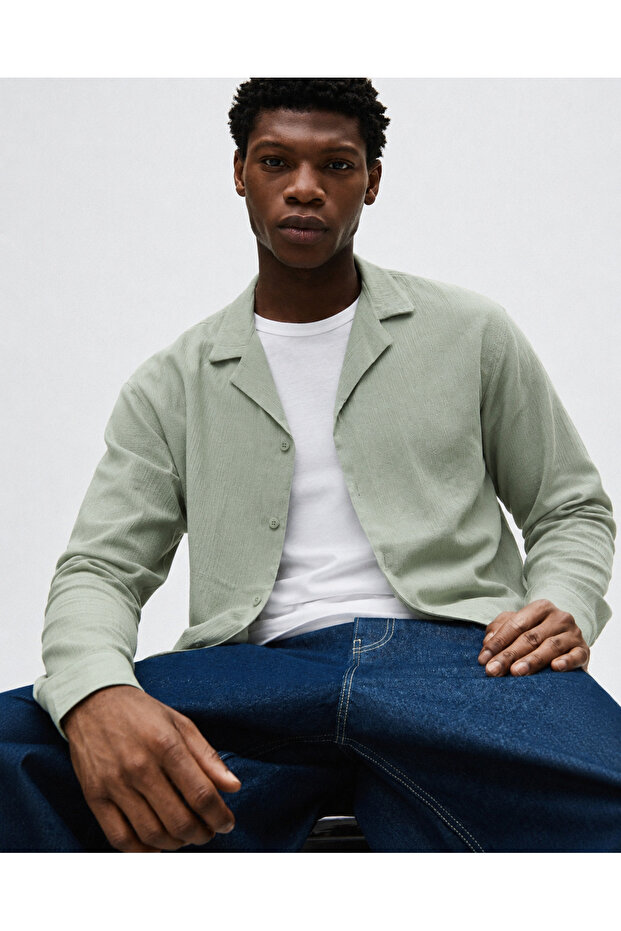 Men's Basic Double Breasted Collar Long Sleeve Green Linen Shirt