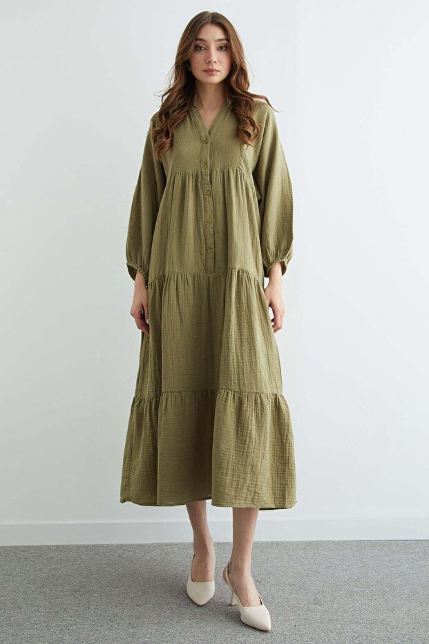 Fullamodest Half Buttoned High Collar Muslin Dress