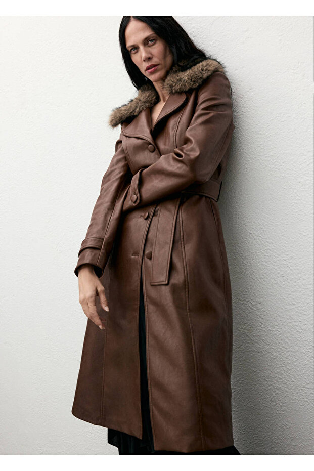 Fur Collar Leather Look Coat