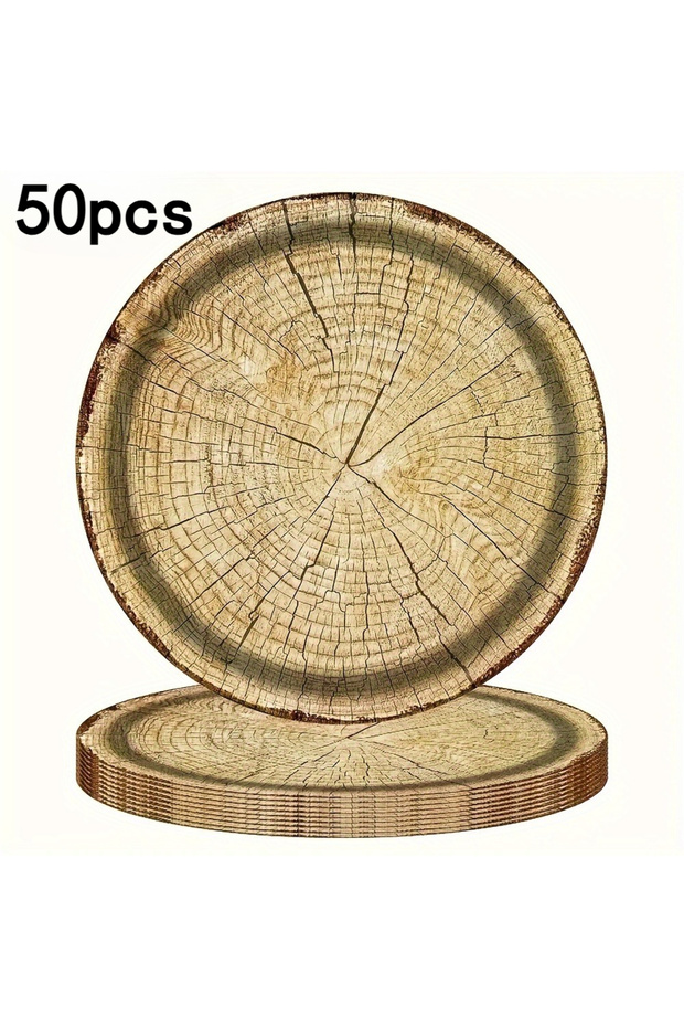 50pcs Wood Grain Disposable Dining Plate, Printed Thick Paper Plate, Suitable for Holiday Gatherings