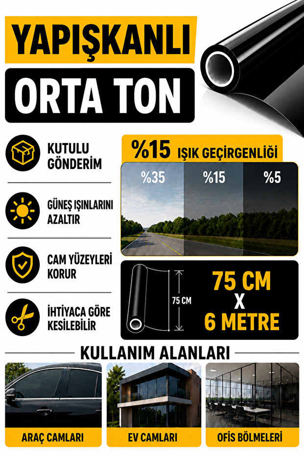 Window Film Black Medium Tone 75 cm X 6 Meters Home - Office - Vehicle Compatible