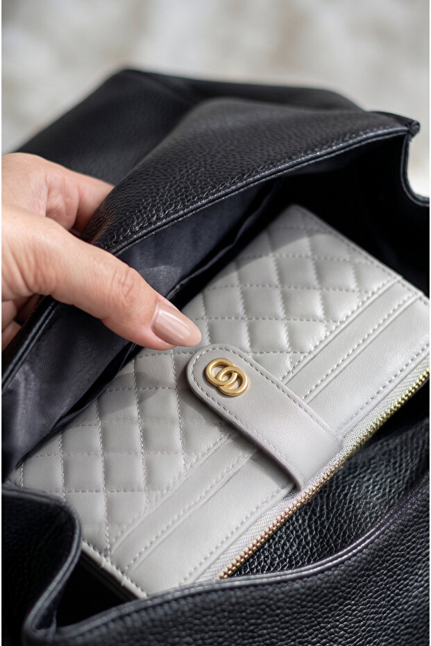 659 Quilted Patterned Gray Imported Wallet - Stylish Women's Wallet with Zipper and Card Holder