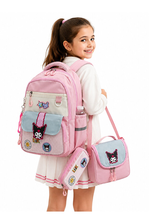 495 Waterproof Fabric Girls' Primary School Bag Patterned 3-Piece Set School Bag Powder-Beige
