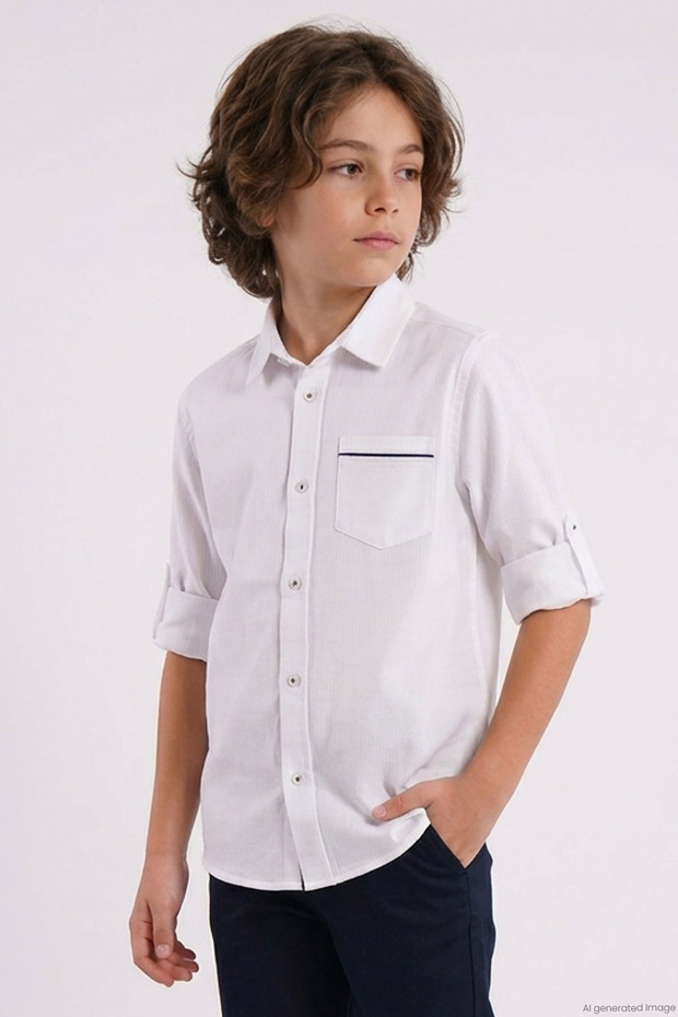 Boy's Shirt with Pocket, Contrast Stripe Detail, Buttoned, 4-8 Years, White