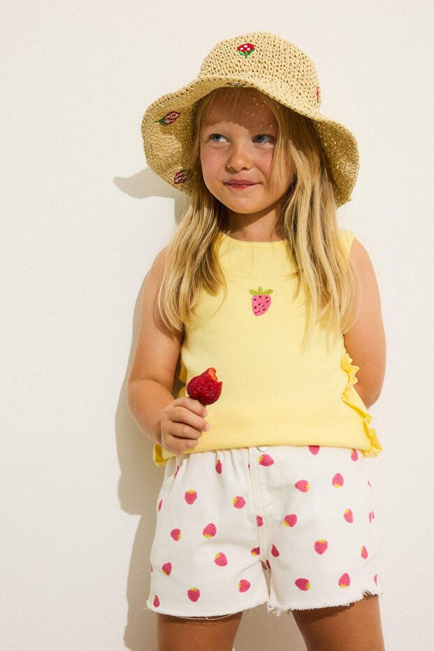 Crew Neck Strawberry Embroidered Ruffle Yellow Undershirt Baby Girl H8225A526Sm
