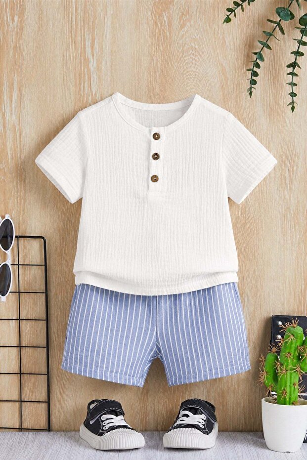 Unisex Baby Kids 100% Cotton Striped Buttoned Muslin 2-Piece Shorts Set - Blue