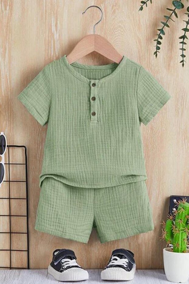 Unisex Baby Kids 100% Cotton Buttoned Muslin 2-Piece Summer Shorts Set - Green