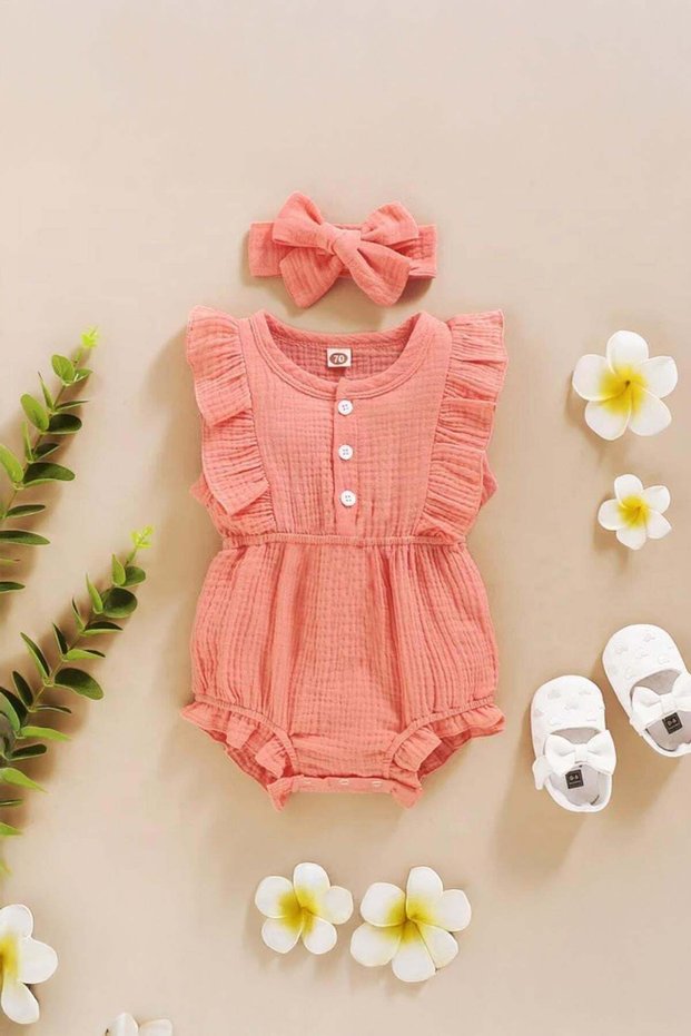 Baby Girl 100% Cotton Muslin Bandana Baby Romper - Pink
