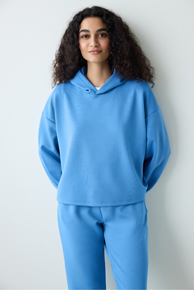 Mavi Kapüşonlu Silky Touch Sweatshirt